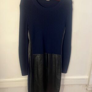 Reed Krakoff sweater dress with leather panel trim.